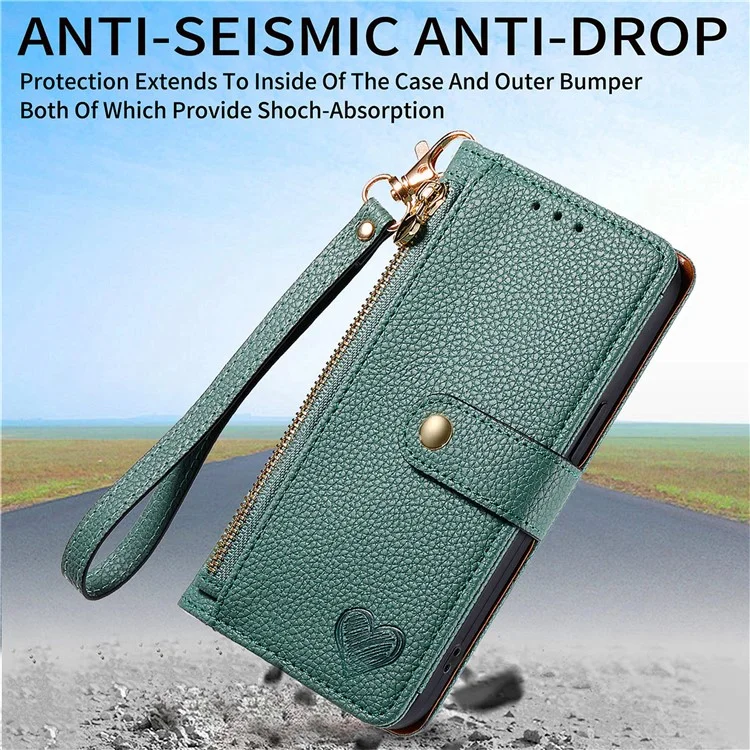 For Samsung Galaxy A15 4G / 5G Phone Case Heart Pattern Leather RFID Blocking Cover - Green