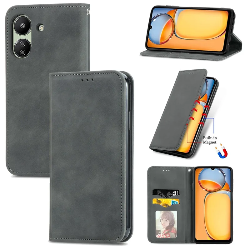 For Xiaomi Redmi 13C 4G / 13C 5G / 13R 5G / Poco M6 5G / Poco C65 4G Leather Case Magnetic Absorption Phone Stand Cover - Grey