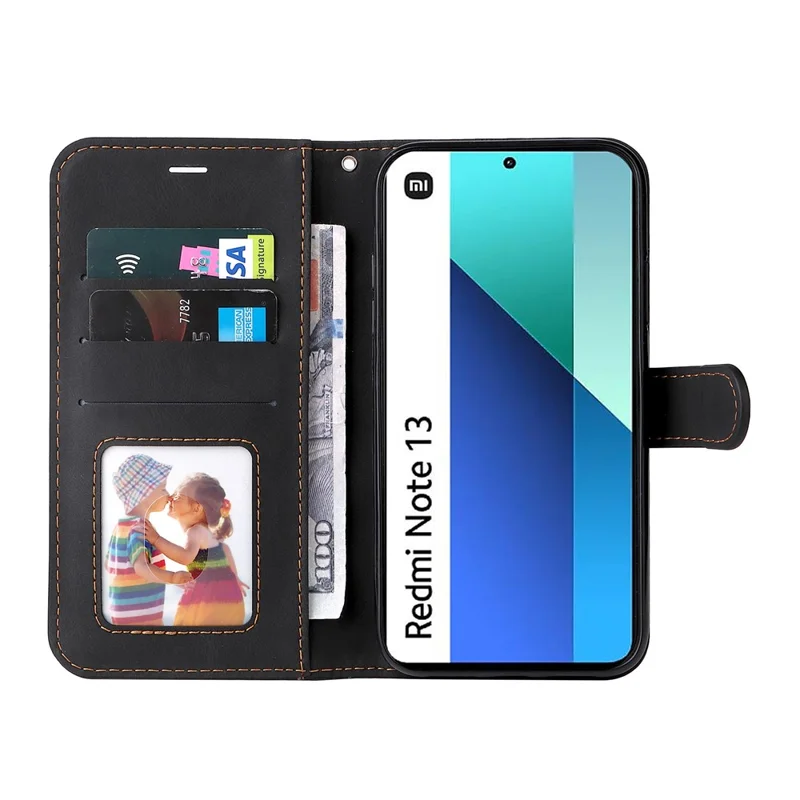 Pour Xiaomi Redmi Note 13 4G Étui en cuir Splicing Trois couleurs Housse de téléphone - Noir