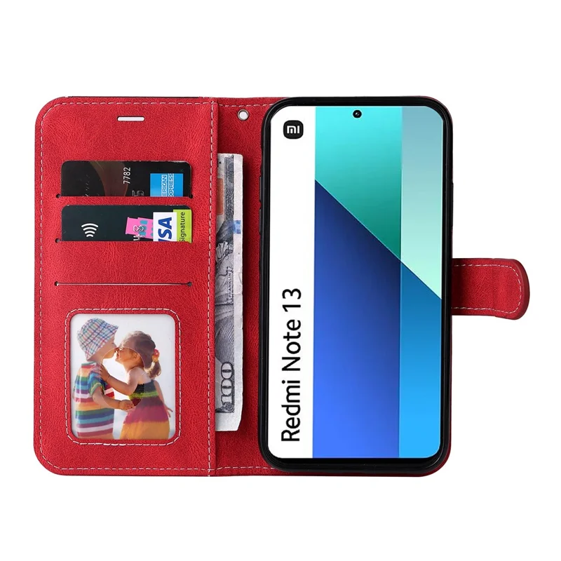 Etui skórzane do Xiaomi Redmi Note 13 4G, pokrowiec z trójkolorowym połączeniem - czerwony