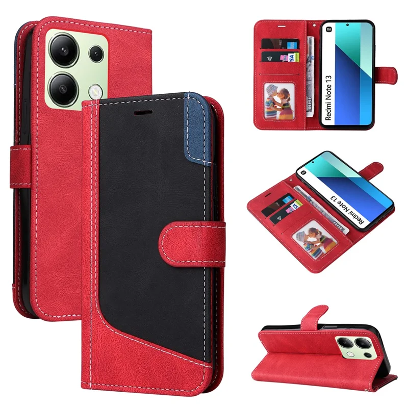 Etui skórzane do Xiaomi Redmi Note 13 4G, pokrowiec z trójkolorowym połączeniem - czerwony