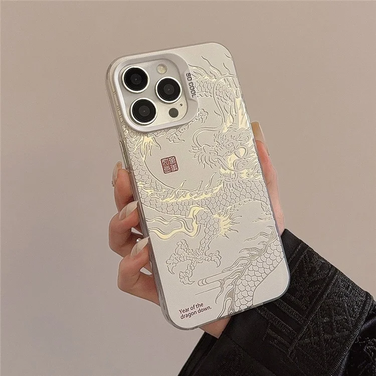 Für iPhone 12 Pro Max Case Chinese Dragon Laser Pattern Anti-scratch Rückenabdeckung - Silber / Weiß