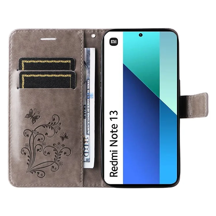KT Imprinting Flower Series-2 Für Xiaomi Redmi Note 13 4G Hülle Leder Cover mit Geldbörse - Grau