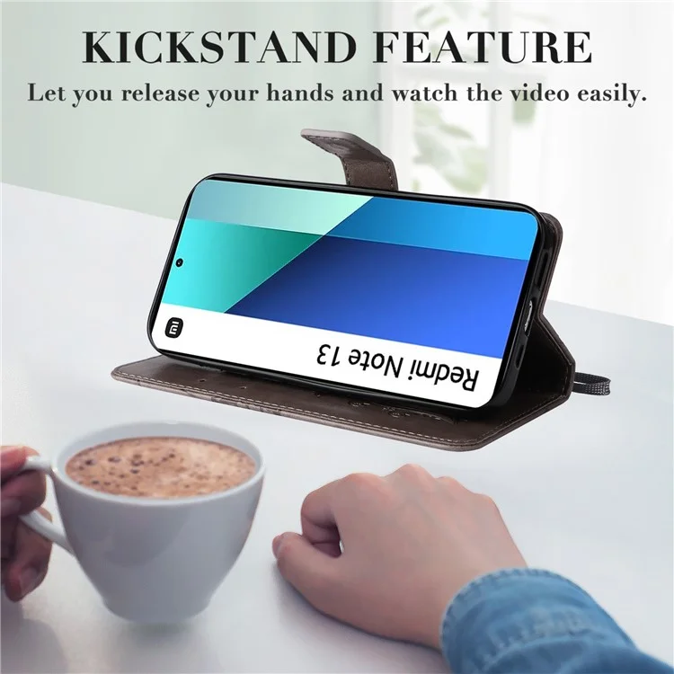 KT Imprinting Flower Series-2 Für Xiaomi Redmi Note 13 4G Hülle Leder Cover mit Geldbörse - Grau