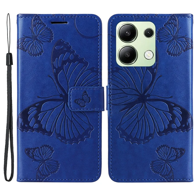 Fodral för Xiaomi Redmi Note 13 4G, plånboksfodral med blommönster och inpräntad fjäril i läder, blå