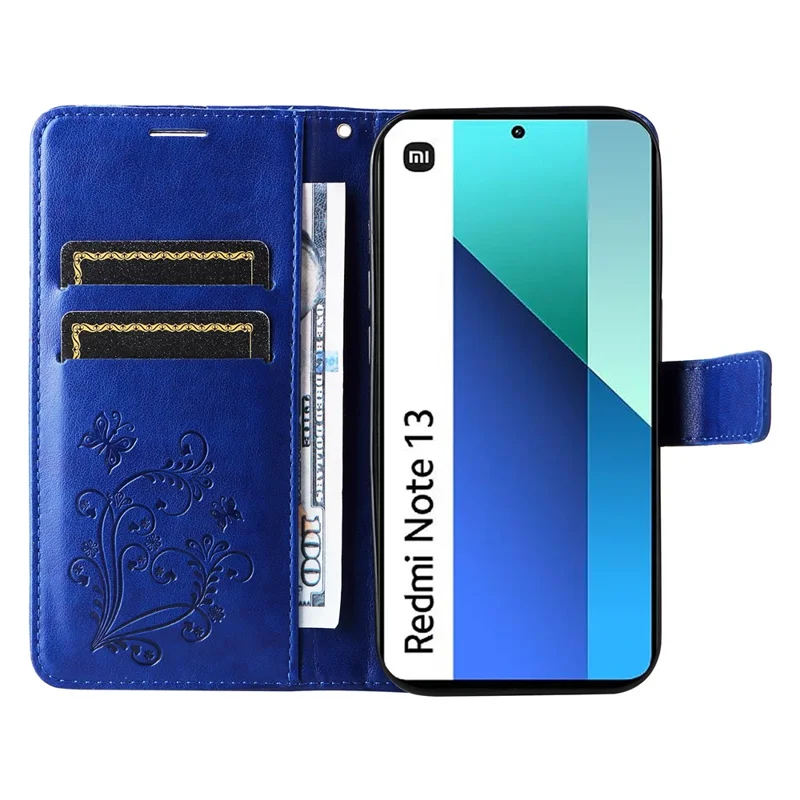 Fodral för Xiaomi Redmi Note 13 4G, plånboksfodral med blommönster och inpräntad fjäril i läder, blå