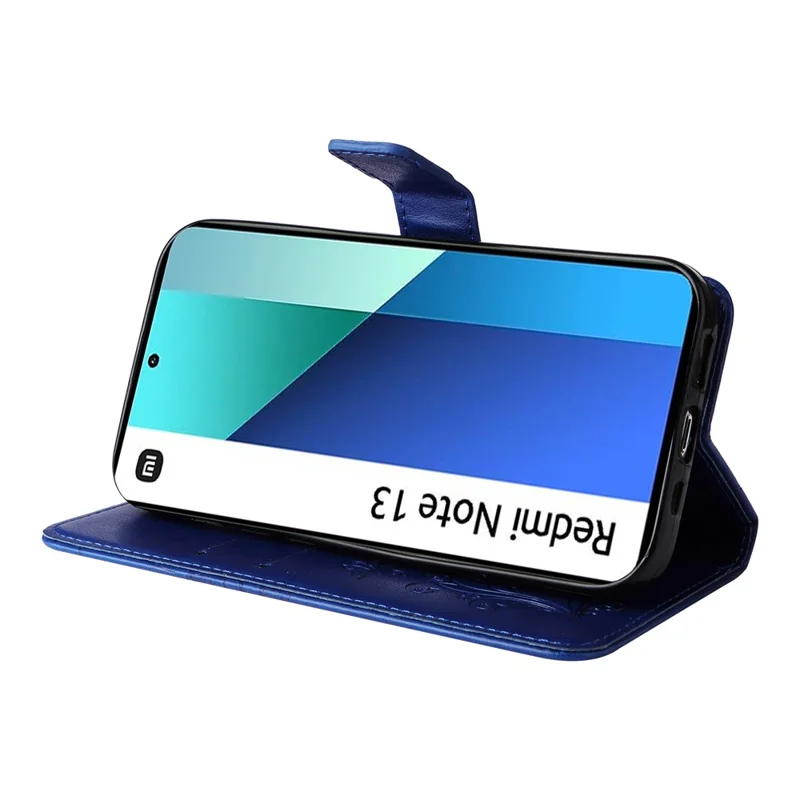 Fodral för Xiaomi Redmi Note 13 4G, plånboksfodral med blommönster och inpräntad fjäril i läder, blå