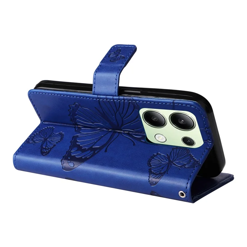 Fodral för Xiaomi Redmi Note 13 4G, plånboksfodral med blommönster och inpräntad fjäril i läder, blå