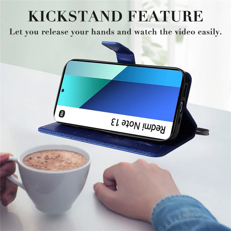 Fodral för Xiaomi Redmi Note 13 4G, plånboksfodral med blommönster och inpräntad fjäril i läder, blå