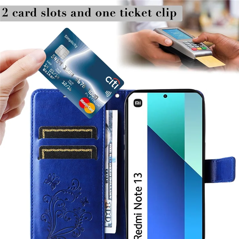 Fodral för Xiaomi Redmi Note 13 4G, plånboksfodral med blommönster och inpräntad fjäril i läder, blå