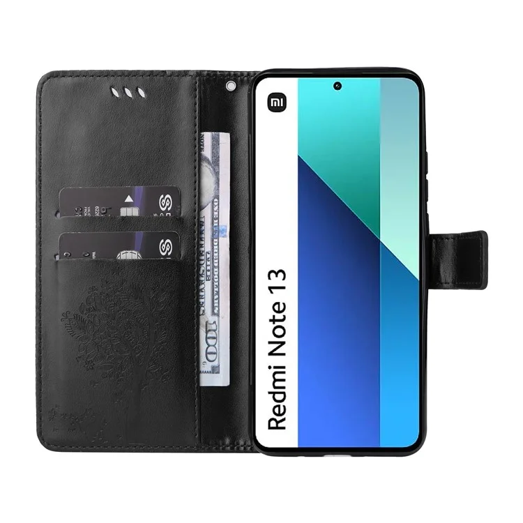 For Xiaomi Redmi Note 13 4G Phone Case with Stand Cat Tree Pattern Leather Wallet Mobile Cover - Black