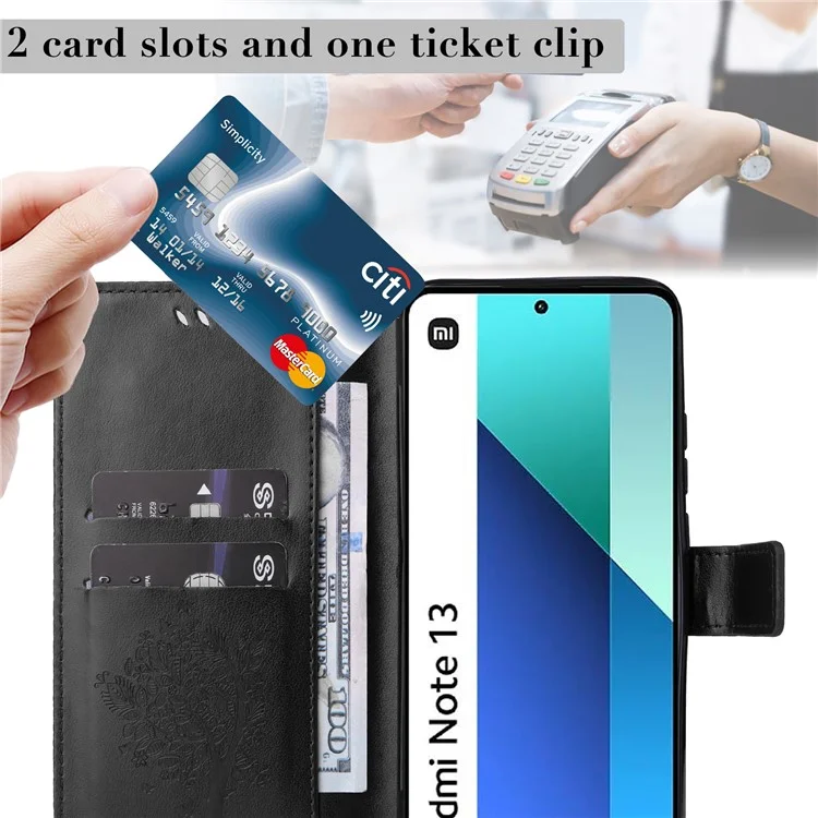 For Xiaomi Redmi Note 13 4G Phone Case with Stand Cat Tree Pattern Leather Wallet Mobile Cover - Black