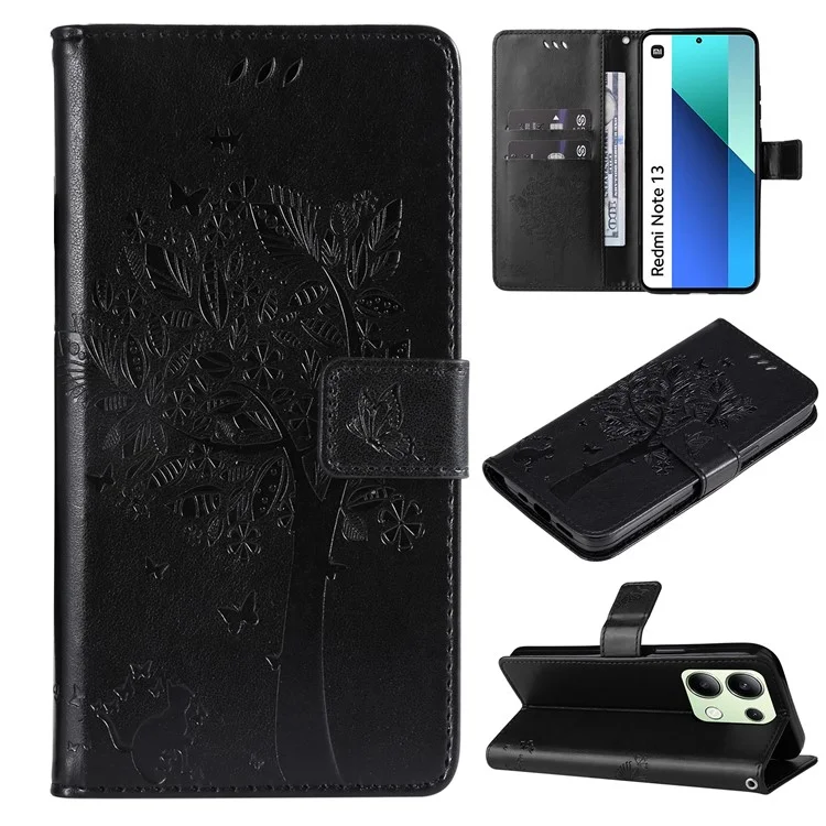 For Xiaomi Redmi Note 13 4G Phone Case with Stand Cat Tree Pattern Leather Wallet Mobile Cover - Black