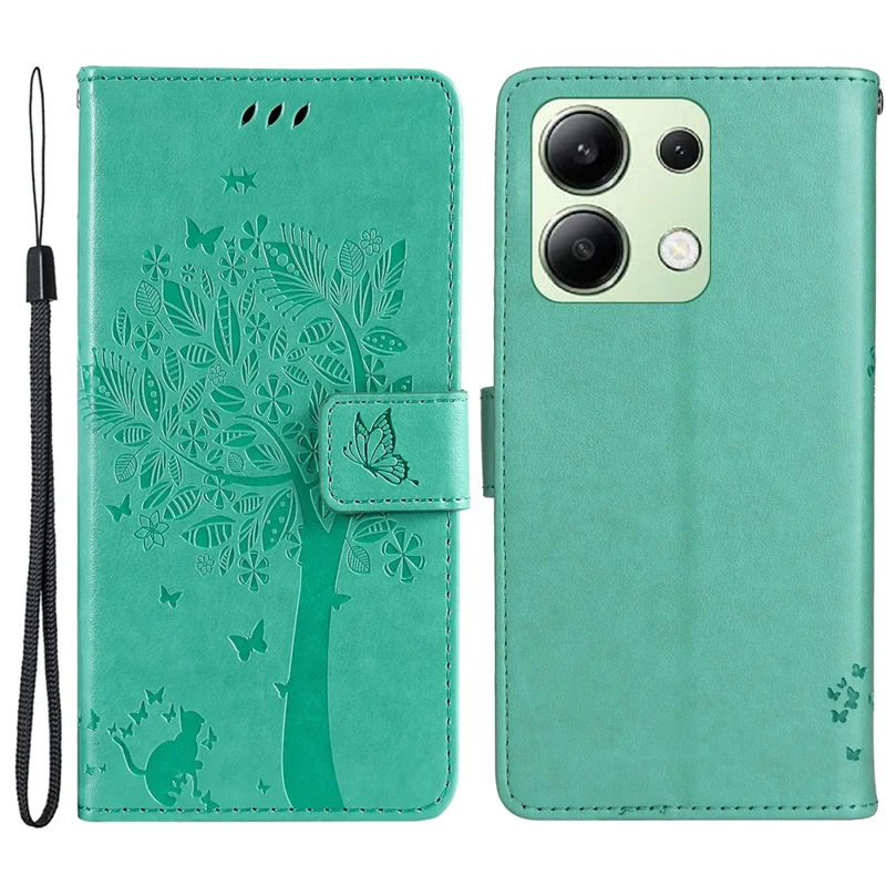 For Xiaomi Redmi Note 13 4G Phone Case with Stand Cat Tree Pattern Leather Wallet Mobile Cover - Green