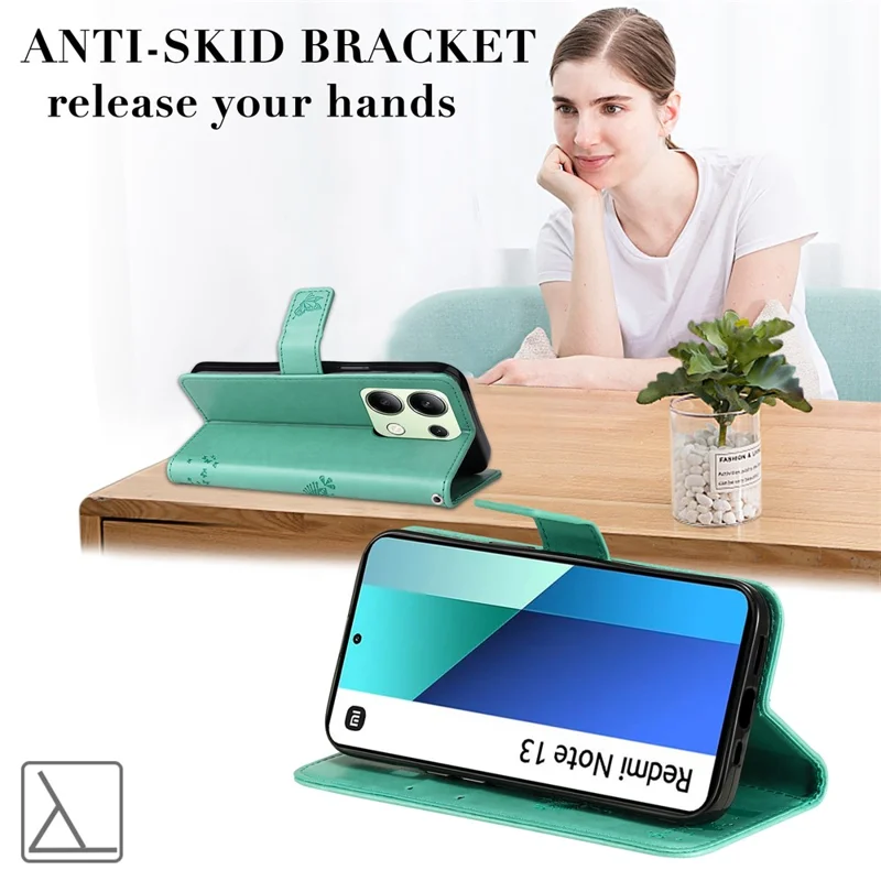 For Xiaomi Redmi Note 13 4G Phone Case with Stand Cat Tree Pattern Leather Wallet Mobile Cover - Green