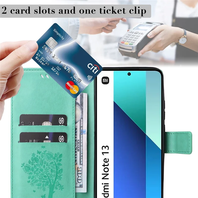 For Xiaomi Redmi Note 13 4G Phone Case with Stand Cat Tree Pattern Leather Wallet Mobile Cover - Green