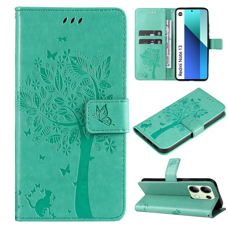 For Xiaomi Redmi Note 13 4G Phone Case with Stand Cat Tree Pattern Leather Wallet Mobile Cover - Green