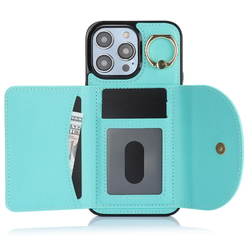 For iPhone 12 / 12 Pro Cell Phone Case Ring Kickstand Card Bag PU+TPU Cover - Green