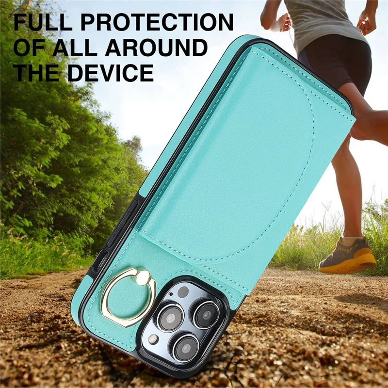 For iPhone 12 / 12 Pro Cell Phone Case Ring Kickstand Card Bag PU+TPU Cover - Green