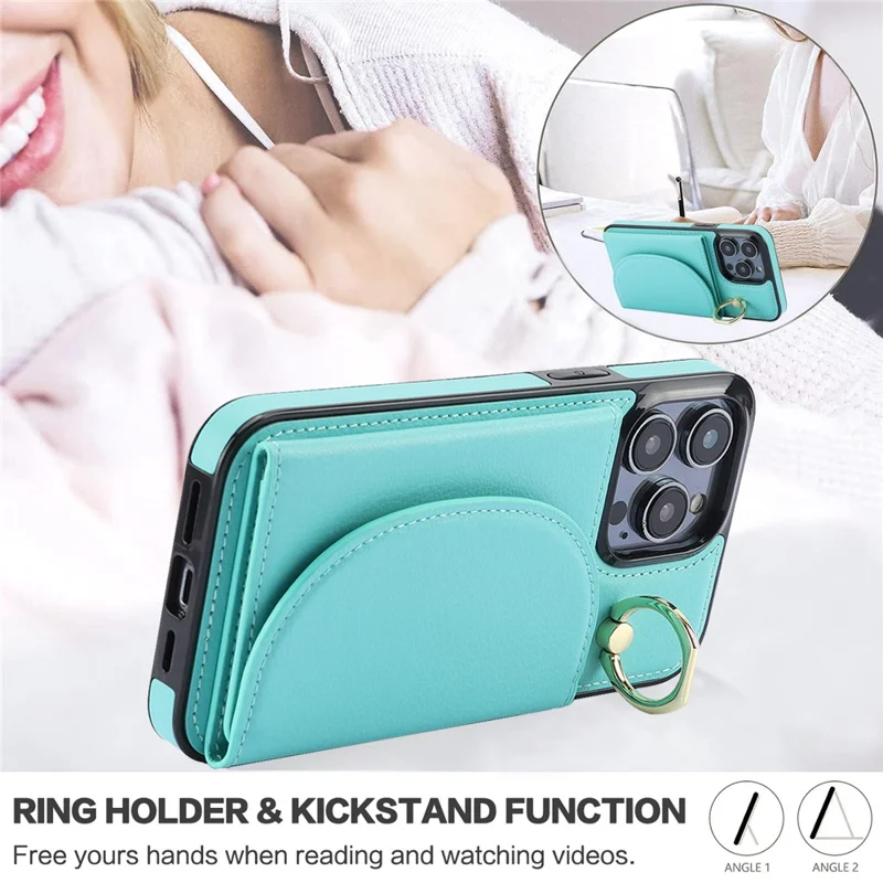 For iPhone 12 / 12 Pro Cell Phone Case Ring Kickstand Card Bag PU+TPU Cover - Green