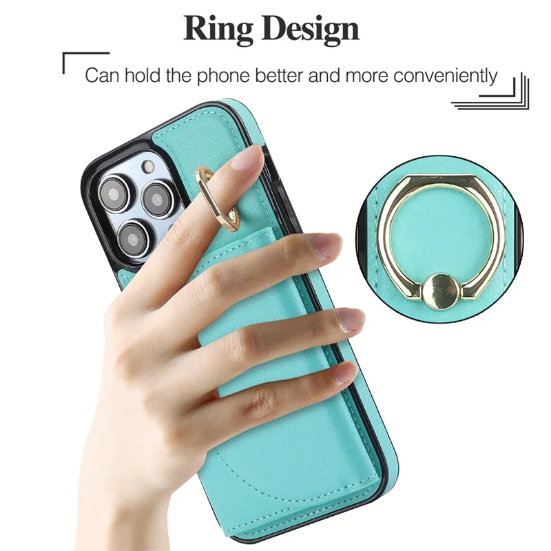 For iPhone 12 / 12 Pro Cell Phone Case Ring Kickstand Card Bag PU+TPU Cover - Green