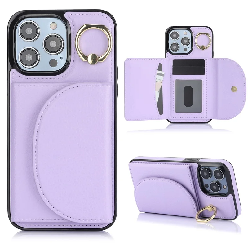 For iPhone 12 / 12 Pro Cell Phone Case Ring Kickstand Card Bag PU+TPU Cover - Purple
