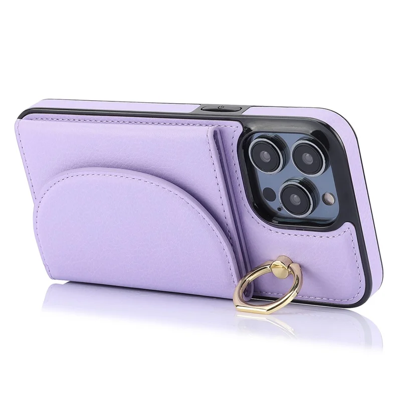 For iPhone 12 / 12 Pro Cell Phone Case Ring Kickstand Card Bag PU+TPU Cover - Purple