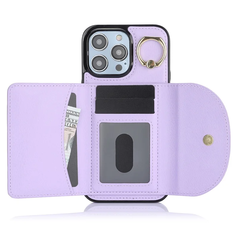 For iPhone 12 / 12 Pro Cell Phone Case Ring Kickstand Card Bag PU+TPU Cover - Purple