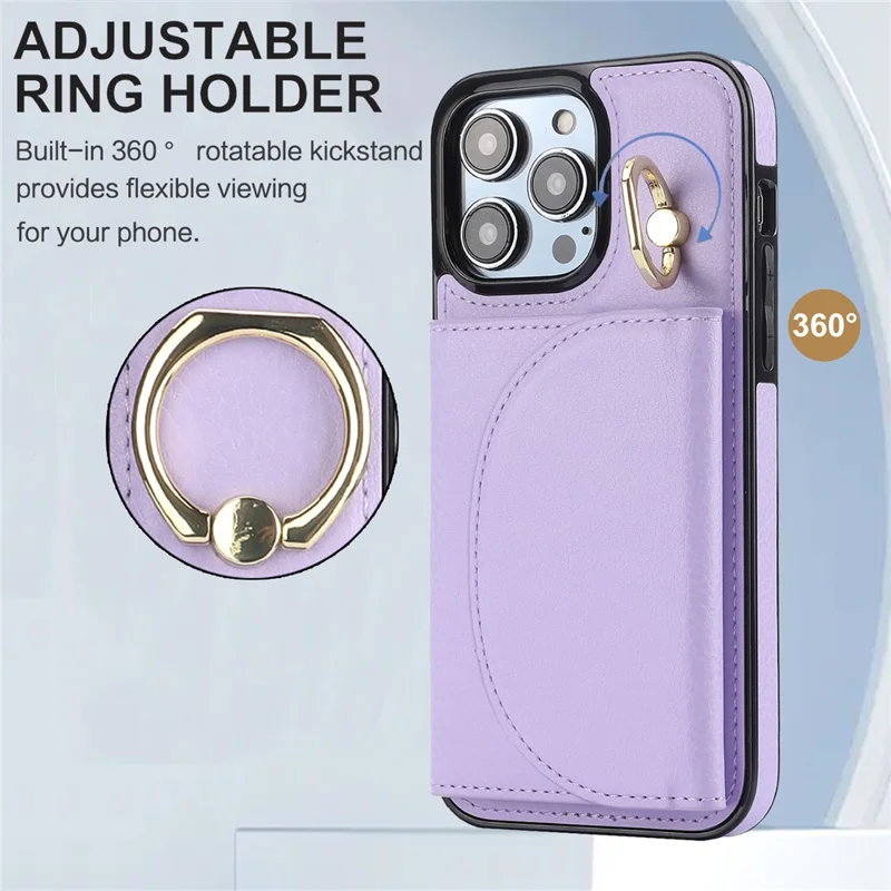 For iPhone 12 / 12 Pro Cell Phone Case Ring Kickstand Card Bag PU+TPU Cover - Purple