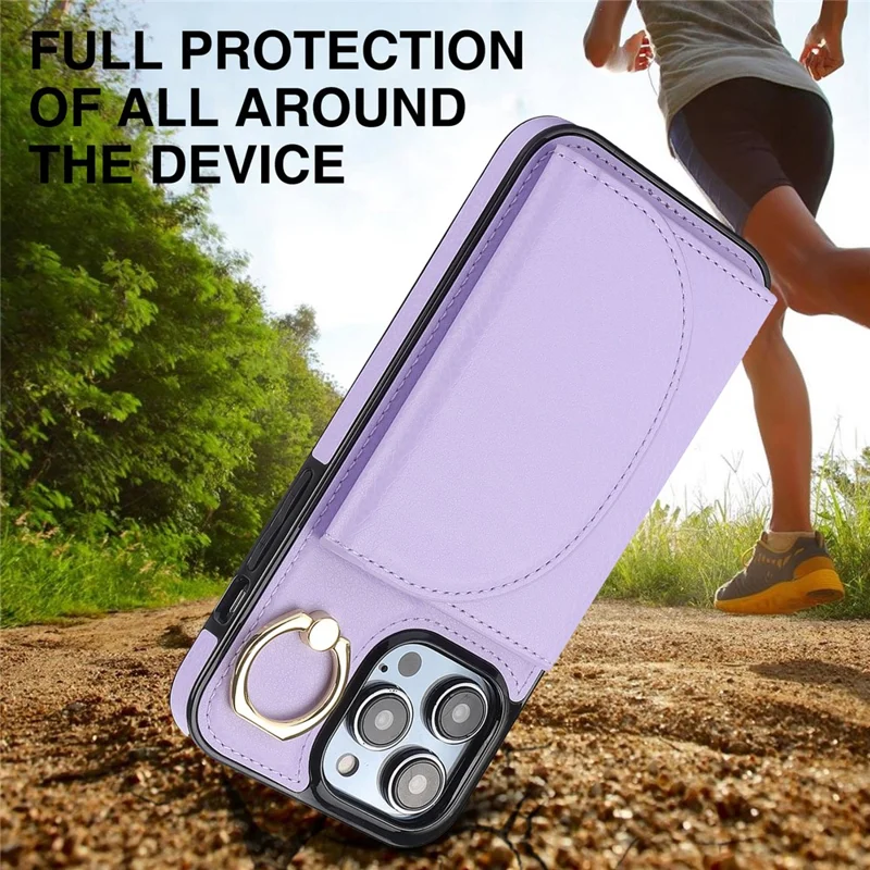 For iPhone 12 / 12 Pro Cell Phone Case Ring Kickstand Card Bag PU+TPU Cover - Purple