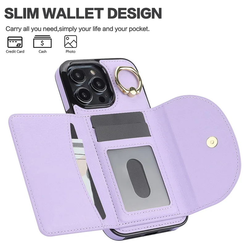 For iPhone 12 / 12 Pro Cell Phone Case Ring Kickstand Card Bag PU+TPU Cover - Purple