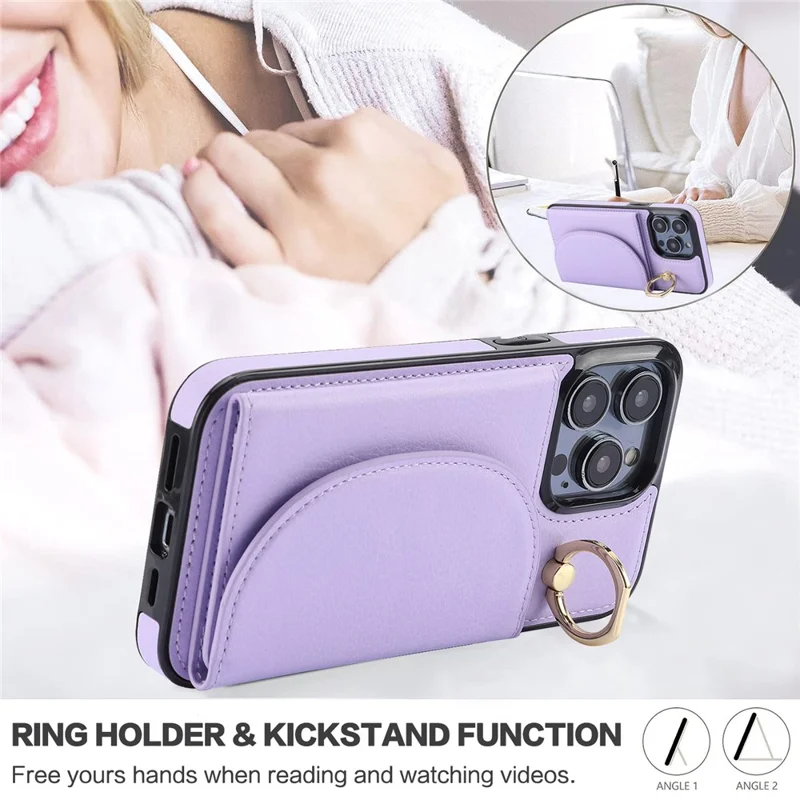 For iPhone 12 / 12 Pro Cell Phone Case Ring Kickstand Card Bag PU+TPU Cover - Purple