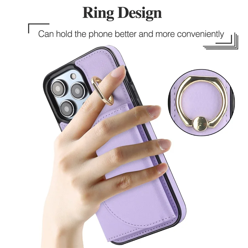 For iPhone 12 / 12 Pro Cell Phone Case Ring Kickstand Card Bag PU+TPU Cover - Purple