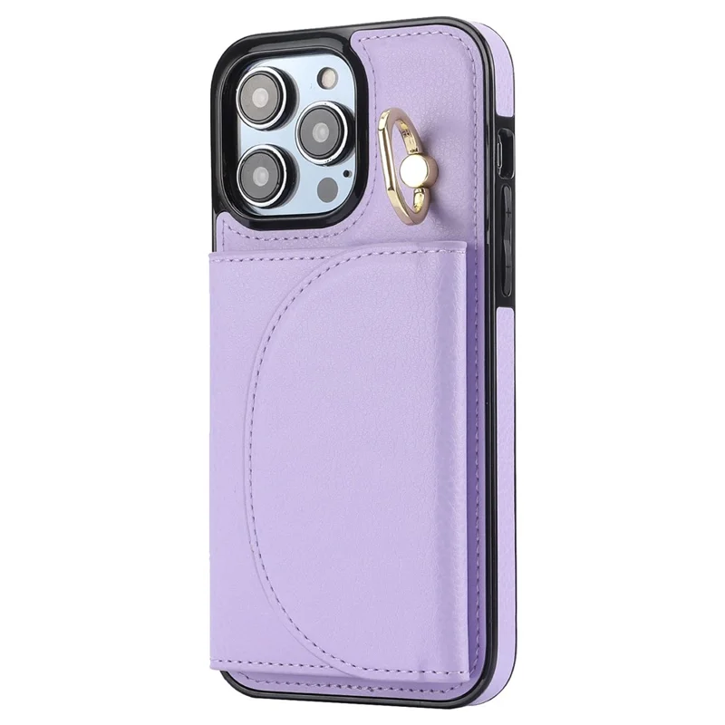 For iPhone 12 / 12 Pro Cell Phone Case Ring Kickstand Card Bag PU+TPU Cover - Purple