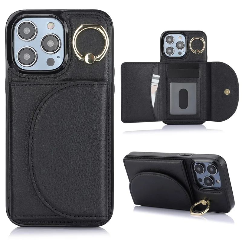 For iPhone 12 / 12 Pro Cell Phone Case Ring Kickstand Card Bag PU+TPU Cover - Black