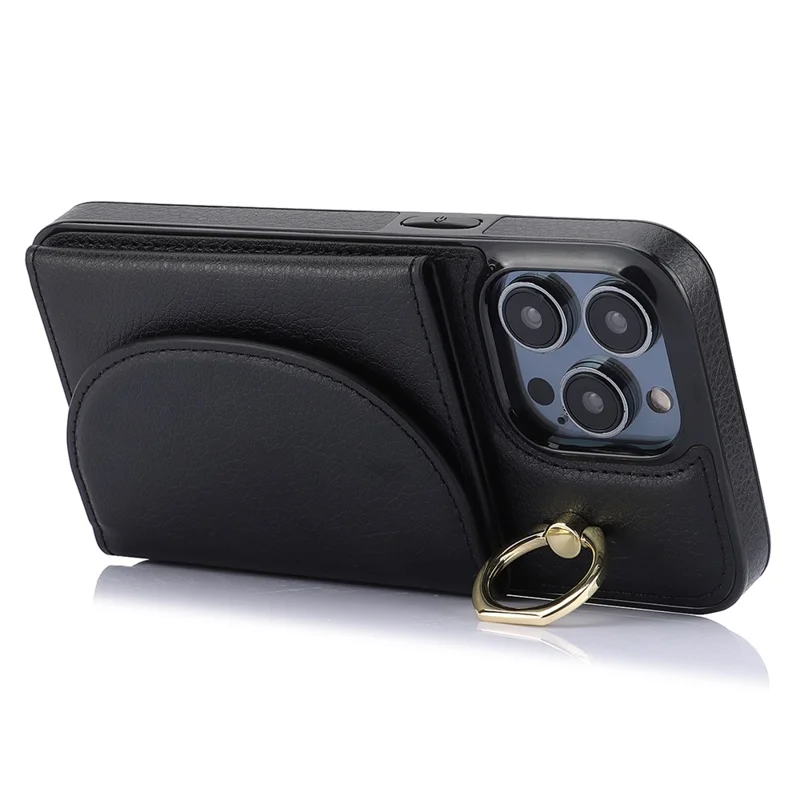 For iPhone 12 / 12 Pro Cell Phone Case Ring Kickstand Card Bag PU+TPU Cover - Black