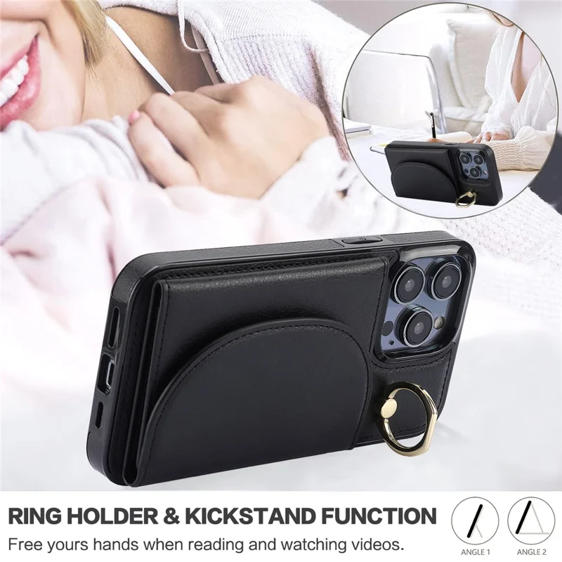 For iPhone 12 / 12 Pro Cell Phone Case Ring Kickstand Card Bag PU+TPU Cover - Black