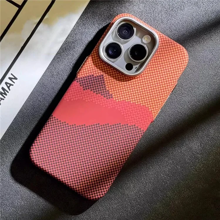 For iPhone 15 Pro Max PC Case Carbon Fiber Texture Phone Case Compatible with MagSafe - Orange