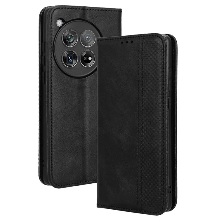 Pour OnePlus Ace 3 5G / 12r 5G Retro Cuir Case Magnetic Closing Phone Portefeuille Couvercle de Portefeuille - Noir