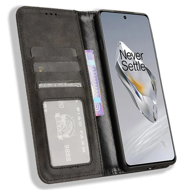 Para OnePlus Ace 3 5G / 12R 5G Case de Cuero Retro Cierre Magnética de la Billetera de la Billetera - Negro