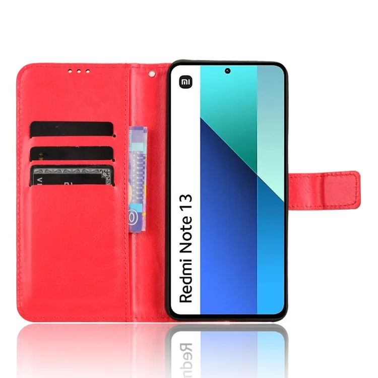Para Xiaomi Redmi Note 13 4G Carteira de Couro Capa de Telefone - Textura de Cavalo Louco - Vermelho