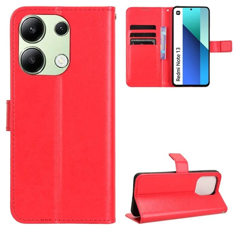 Para Xiaomi Redmi Note 13 4G Carteira de Couro Capa de Telefone - Textura de Cavalo Louco - Vermelho