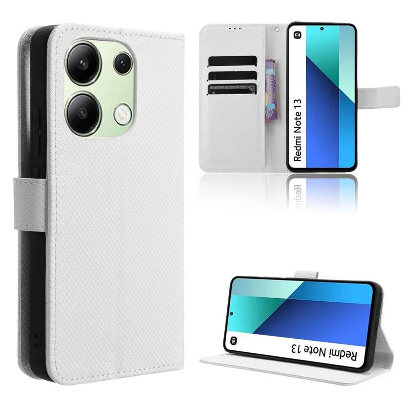 For Xiaomi Redmi Note 13 4G Wallet Phone Case Diamond Texture PU Leather Cover - White