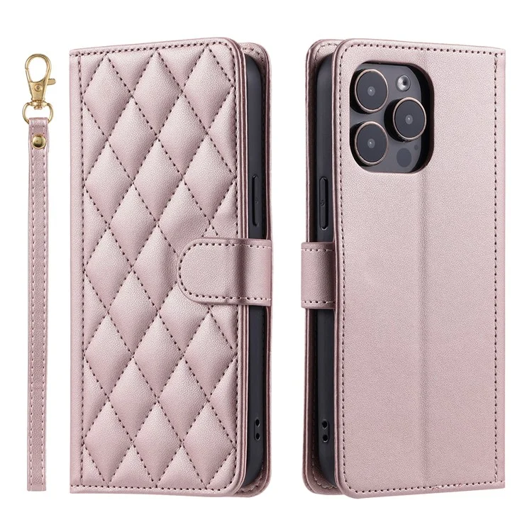 Für iPhone 15 Pro Lederetui mit Gurt, Brieftasche, Telefonhülle, Rautengitter-Muster - Roségold