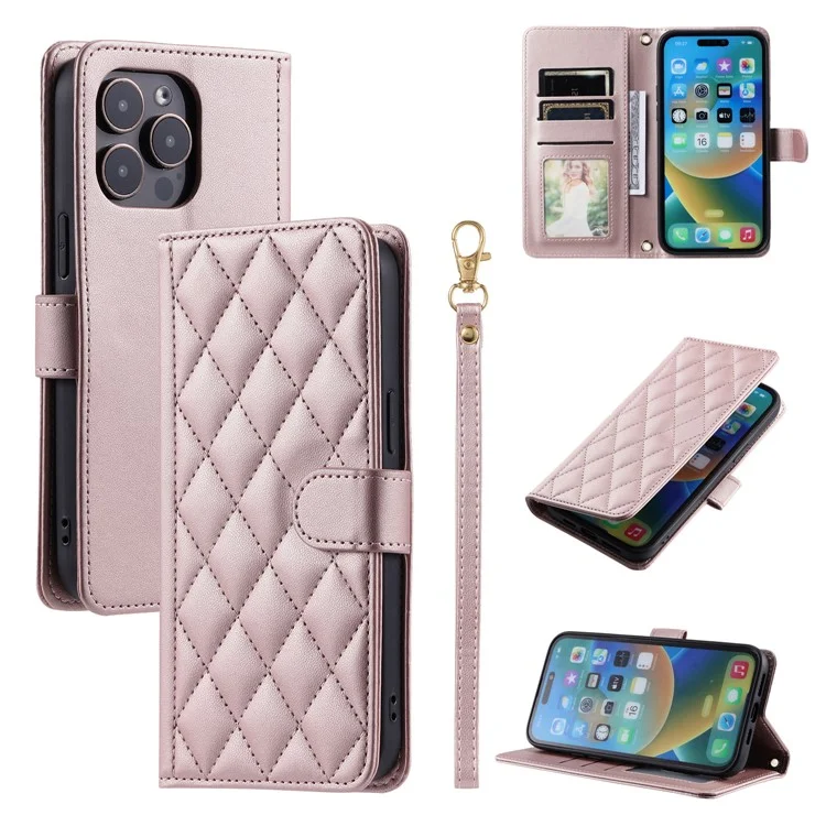 Für iPhone 15 Pro Lederetui mit Gurt, Brieftasche, Telefonhülle, Rautengitter-Muster - Roségold