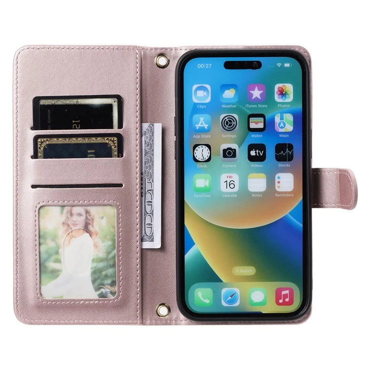 Für iPhone 15 Pro Lederetui mit Gurt, Brieftasche, Telefonhülle, Rautengitter-Muster - Roségold