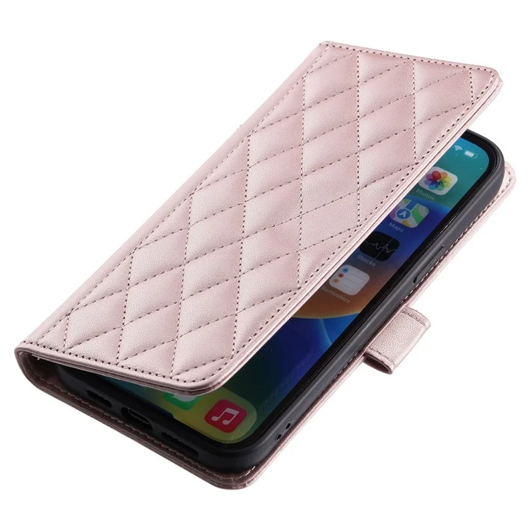 Für iPhone 15 Pro Lederetui mit Gurt, Brieftasche, Telefonhülle, Rautengitter-Muster - Roségold