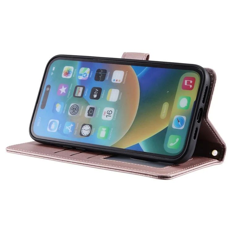 Für iPhone 15 Pro Lederetui mit Gurt, Brieftasche, Telefonhülle, Rautengitter-Muster - Roségold