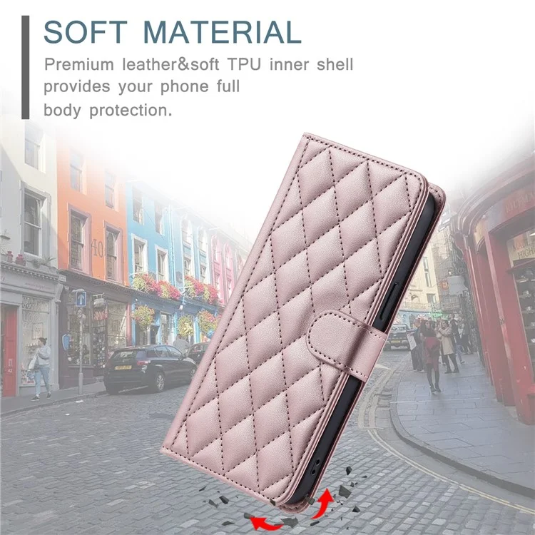Für iPhone 15 Pro Lederetui mit Gurt, Brieftasche, Telefonhülle, Rautengitter-Muster - Roségold