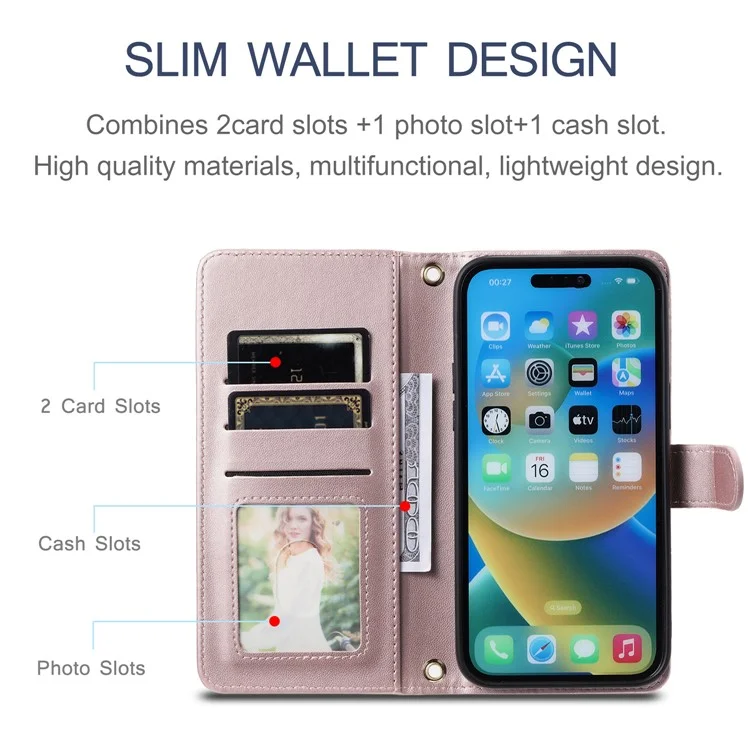 Für iPhone 15 Pro Lederetui mit Gurt, Brieftasche, Telefonhülle, Rautengitter-Muster - Roségold